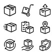 © AI Art Factory - A set of doodle line icons showing parcel shipping, logistics, handling, and delivery process for e-commerce and courier services