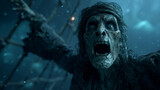 Screaming undead pirate attacking on a ship at night