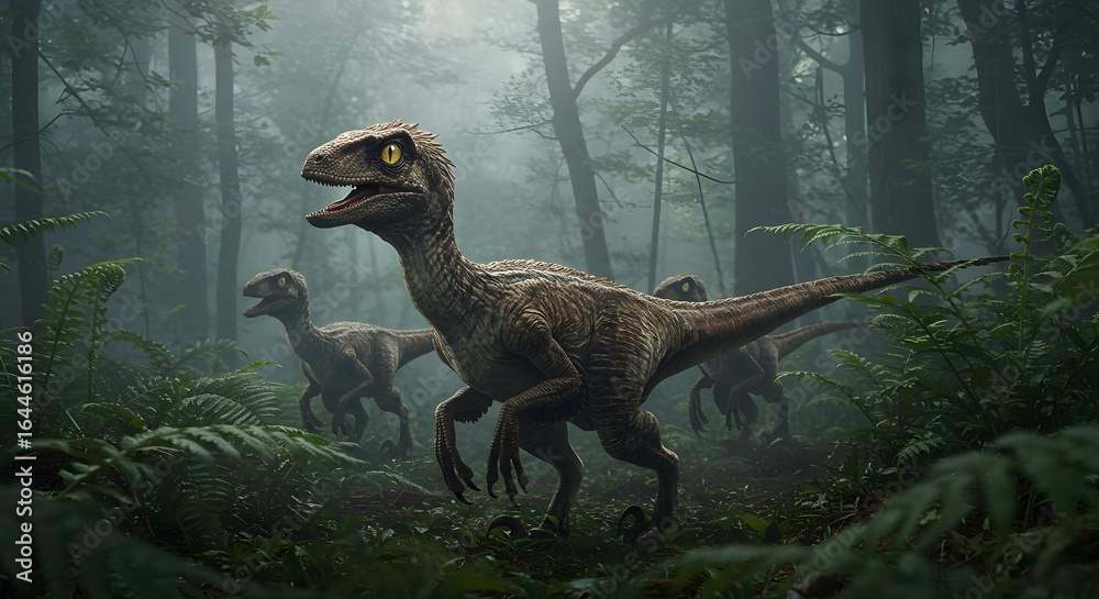 Prehistoric Raptor Velociraptor Pack Hunting in Prehistoric Forest Stock Photo | Adobe Stock