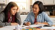 © Mey - A mother and daughter sitting at a table with books and papers in a kitchen.
