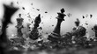 © Bhavesh - Black and white chess pieces shattering in dramatic slow motion, symbolizing defeat, strategy collapse, and intense competition