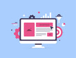 © bestforbest - Online ad management concept showing computer monitor, advertising banners, charts and gears. Online ad management for digital marketing and media advertising strategy flat modern design illustration