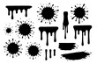 © Juno - Black paint drips, ink drops and splatters set. Dripping liquid stains and splashes. Grunge dirty shapes, blobs and silhouettes vector illustration collection isolated.