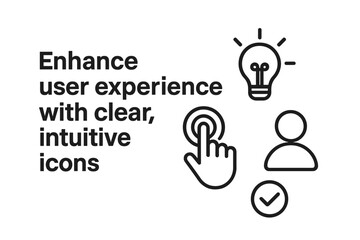 Enhance user experience with clear, intuitive icons. Vector icon set for UI and UX design. Includes idea lightbulb, touch interaction, user profile, and success checkmark.