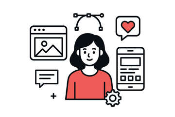 woman ui/ux designer creating mobile app and website interface. vector illustration of user experien