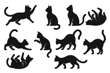  Cat silhouettes set. Collection of black cat icons in various playful poses. Feline pet character for vet clinic, logo design or animal store. Vector illustration.