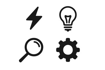 Business concept icons. Vector set with lightning for energy, lightbulb for idea, magnifier for search, gear for process. Symbols for innovation, power, analysis, settings.