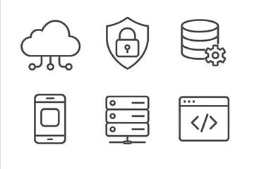 Vector symbols for cloud computing, cybersecurity, data management, server technology, mobile app interface, and web development icons on transparent background