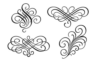 Set of vintage calligraphic flourishes. Hand-drawn elegant retro swirl ornaments. Vector filigree decorative design elements for invitation, border, certificate, or page decoration.