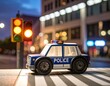 © Esta Webster - Voiture de police, jouet en bois dans un décor de ville avec feu tricolore de nuit en ia, petite voiture, force de l'ordre