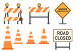 © Susanne - Traffic barrier vector set with cones, roadblocks, and barricades. Safety signs for construction sites, like road closed and under construction. Road work and repair icons.