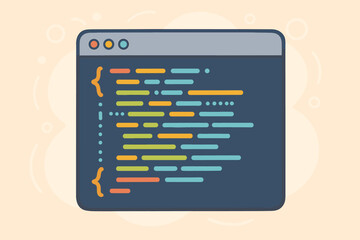 Code on computer screen vector illustration. Programming software window concept. Web development, app creation, or coding process. IT technology and data script.