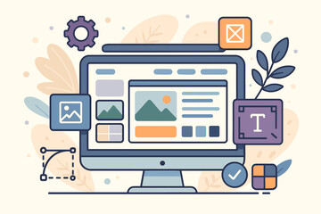 UI and UX design concept with computer monitor showing website layout. Web development, user interface and experience creation process. Flat vector illustration for app building.