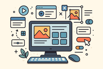 UX UI design concept with desktop computer and interface elements. Web development and user experience workflow. Website and application creation vector illustration.