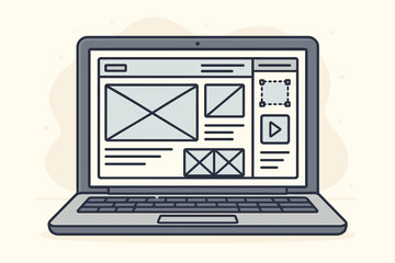 Website prototype and wireframe on laptop screen. Web page development and UI UX design concept. User interface layout sketch. Vector cartoon illustration for web design.
