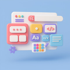3D Colorful Website Interface and Development Tools with UI Elements and Coding Icons