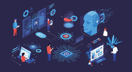 Isometric Illustration of Artificial Intelligence and Technology.