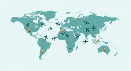 Naklejka na meble A world map displays interconnected flight paths with airplanes flying between continents and various destinations across the globe