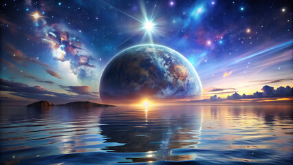 Wall Mural - Glowing planet above tranquil ocean with stars and clouds cosmic seascape