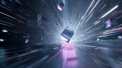 Wall Mural - a futuristic abstract tunnel with cubes and light streaks, representing digital technology, cyber sp