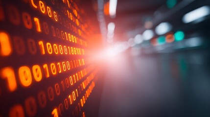 Intricate close up of a luminous computer monitor screen filled with streaming binary code symbolizing the digital age of data processing software development and network security.