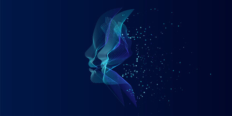 Artificial Intelligence, abstract artistic human head portrait made of dotted particles array, vector software digital visual interface. Digital soul, spirit of technological time.