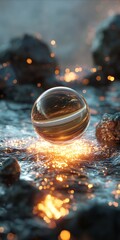 Wall Mural - abstract sphere with light sparks on stone surface, futuristic design with modern style and shiny me