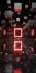 Wall Mural - abstract 3d render of glowing red cubes reflecting on a dark surface, creating a futuristic and mode