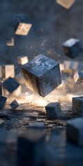 Canvas Print - abstract 3d render of floating stone cubes with geometric shapes, creating a modern and artistic bac