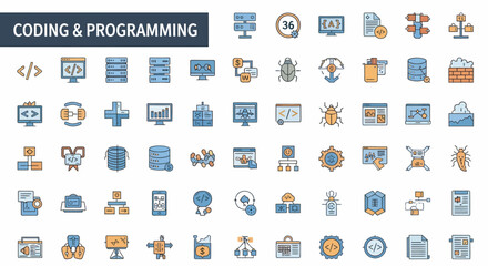 Collection of flat design icons representing various coding and programming concepts.