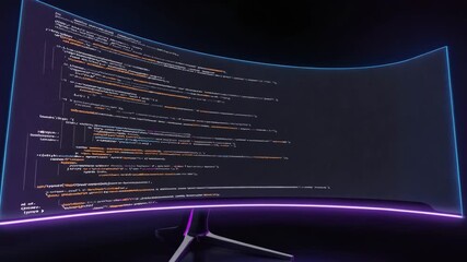 Dynamic code scrolling across modern curved monitor screen, data flow visualization