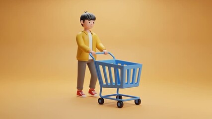 Modern 3D Character Pushing Empty Shopping Cart