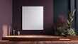 © twobrother - A minimalist interior scene featuring a large, blank framed canvas on a deep maroon wall above a raised wooden platform with potted plants.  Sunlight streams in from an unseen window