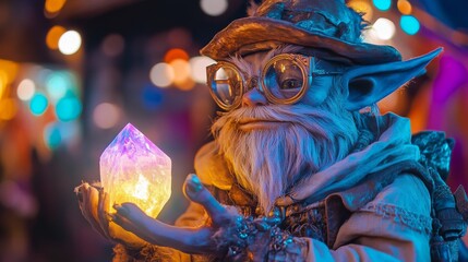 Wall Mural - a whimsical creature holds a glowing crystal. its eyes twinkle with magic and wonder. a colorful fan
