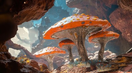 Wall Mural - explore a fantastical world filled with vibrant orange mushrooms. this stunning imagery evokes wonde
