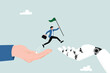 © NASIH - AI adoption or implementation to success, change or transformation using Artificial Intelligence innovation to help business achievement, businessman hold winning flag jump from human hand to AI hand.