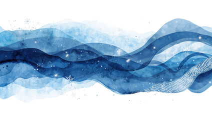 Wall Mural - watercolor winter landscape illustration with flowing blue waves and snowflakes isolated