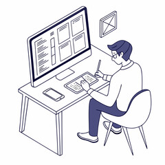 Designer working on a computer with a tablet and phone