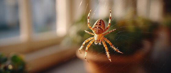 Orb weaver arachnid suspends from silky web