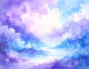 Wall Mural - Abstract watercolor background of a blue sky with soft, beautiful clouds