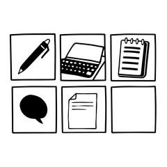 Pen, laptop, notebook, speech bubble and document icons in squares isolated on white background