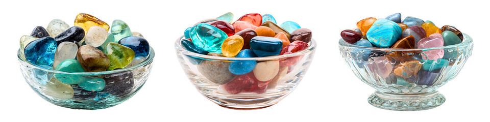 Collection of glass bowls containing colorful decorative stones for stylish interior display isolated on a white or transparent background