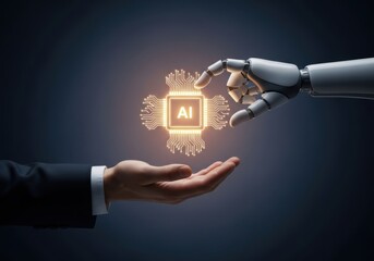 robot hand offering ai chip to human hand, futuristic concept