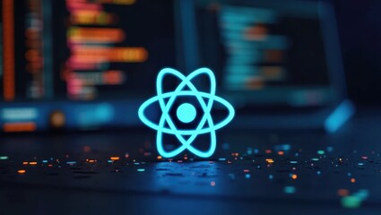 React Developer. Glowing blue React logo on keyboard with colorful blu