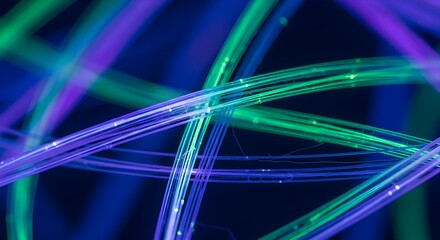 Abstract glowing strands of purple and green light intertwining against a dark blue background