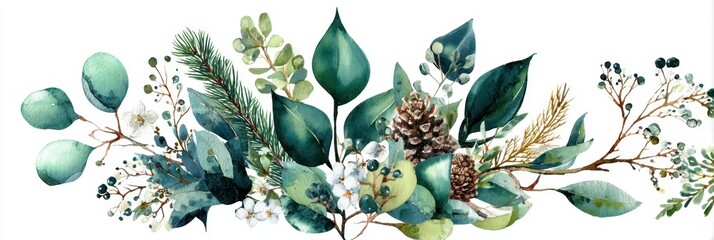 watercolor christmas greenery. winter bouquet with mistletoe, pine cone, fir and spruce in aesthetic