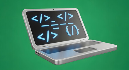 Stylized laptop icon with glowing blue code symbols on the screen for programming concepts