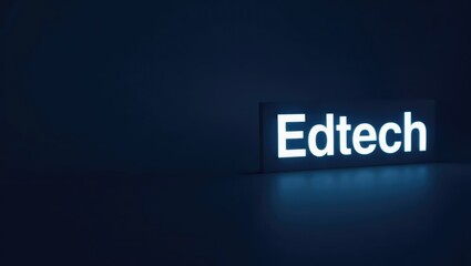 Edtech. Glowing white Edtech text on dark blue background digital lear