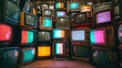 © Annamorphosis - A cluttered room filled with stacked vintage CRT televisions displaying colorful static.