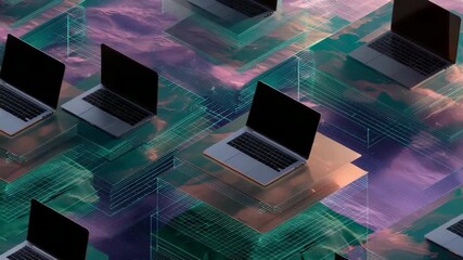A computer screen with a bunch of laptops on it. The laptops are all different sizes and colors. The image has a futuristic and technological vibe to it